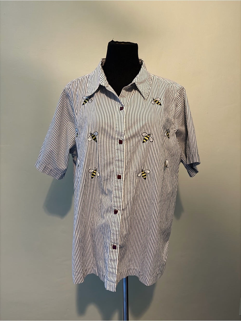 White stag b & w striped button up with embroidered bees on front.